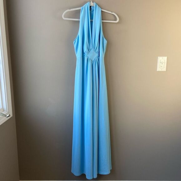 Vintage 1960s Baby Blue Maxi Dress | Halter High Neck Full Sweep Union Tag - Picture 1 of 11